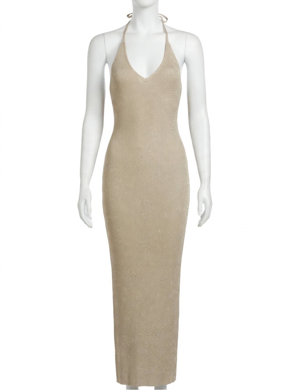 Beige Halter Knit Maxi Dress